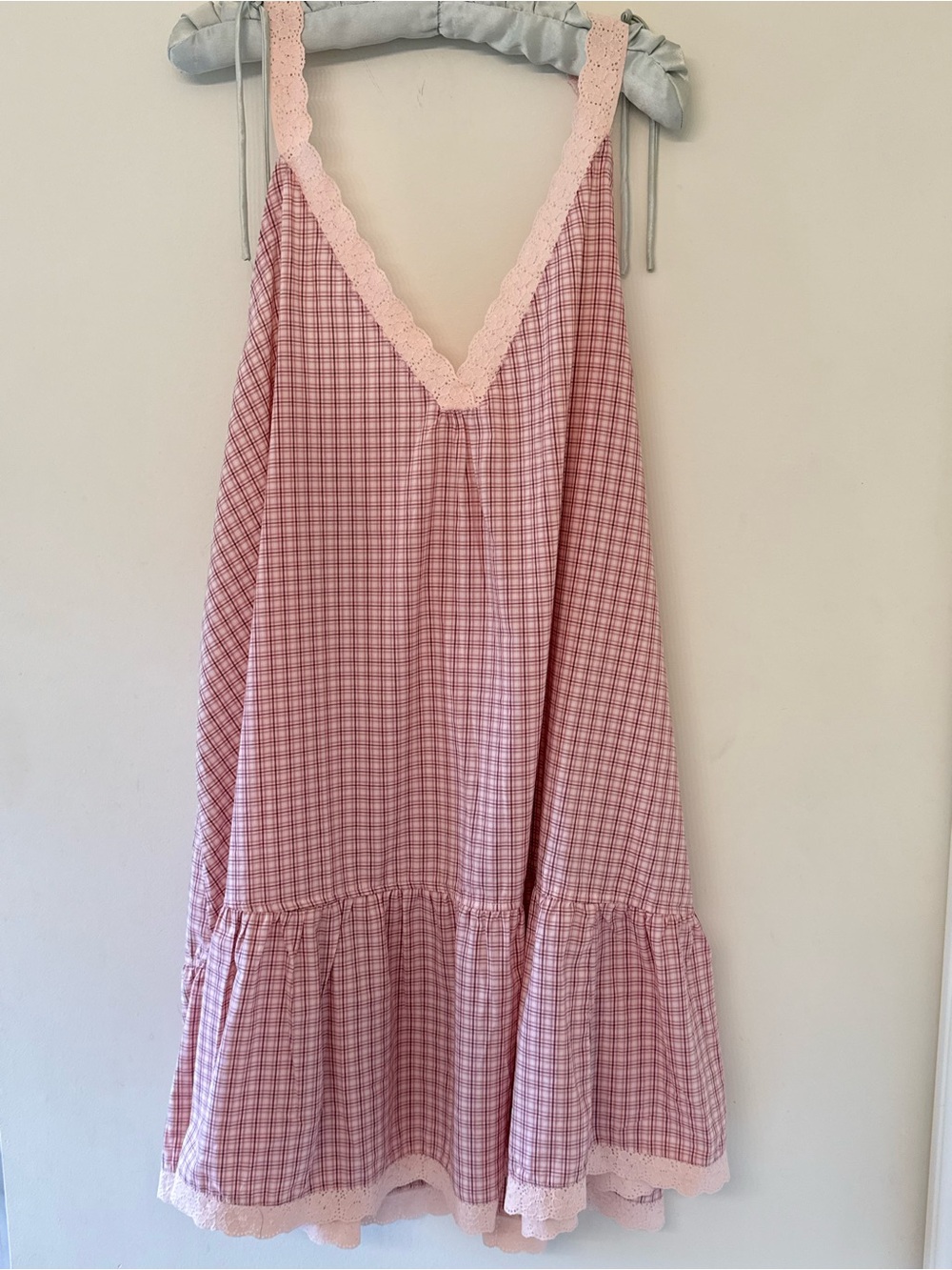 Pink Gingham Lace-Trim Nightdress - Feminine Sleepwear